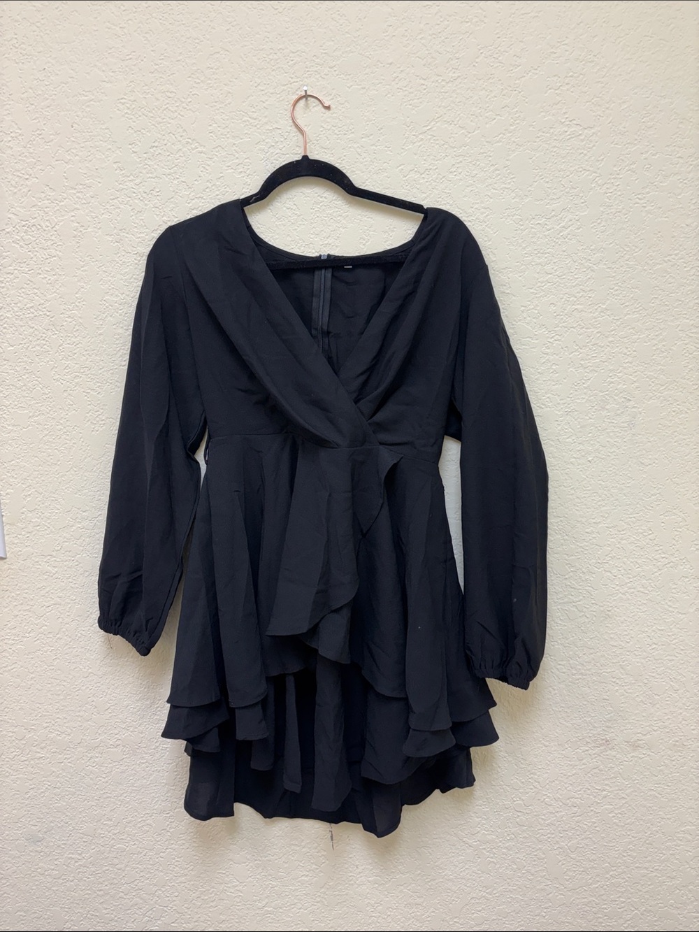 Long Sleeve Black Ruffle Wrap Dress